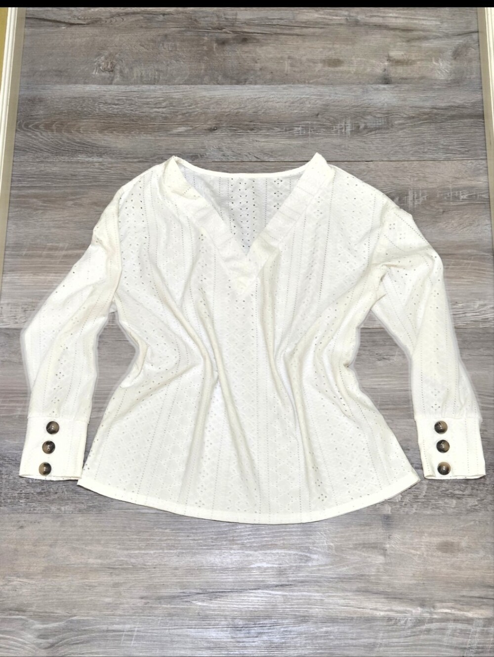 🩷SHEIN White Eyelet Embroidery Drop Shoulder Long Sleeve Top Size Womens Large